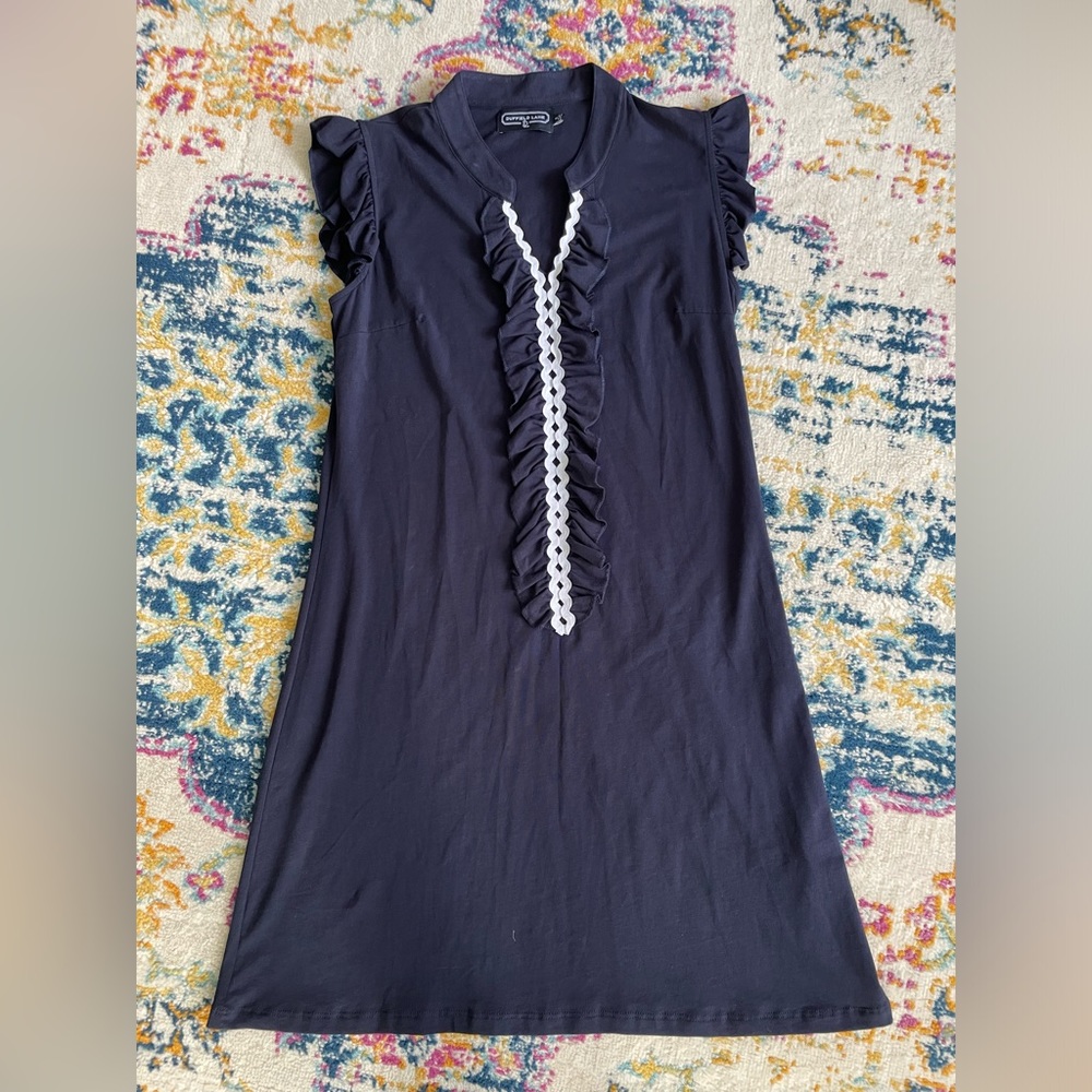 Duffield Lane Sleeveless Soft Mini Dress with Flutter Sleeve and Ruffles Navy